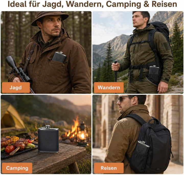 Jäger Geschenk Flachmann mit Hirsch Gravur - 6oz/180ml Edelstahl Flask Set in Geschenkbox mit 2x10ml