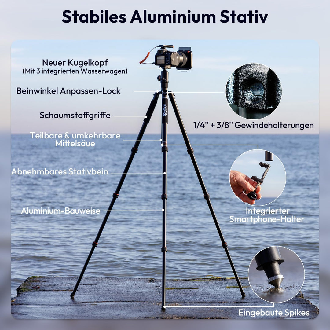 Rollei C6i - Kamerastativ mit Stativkopf und Tasche - Aluminium - Arca Swiss kompatibel, Black Schwa