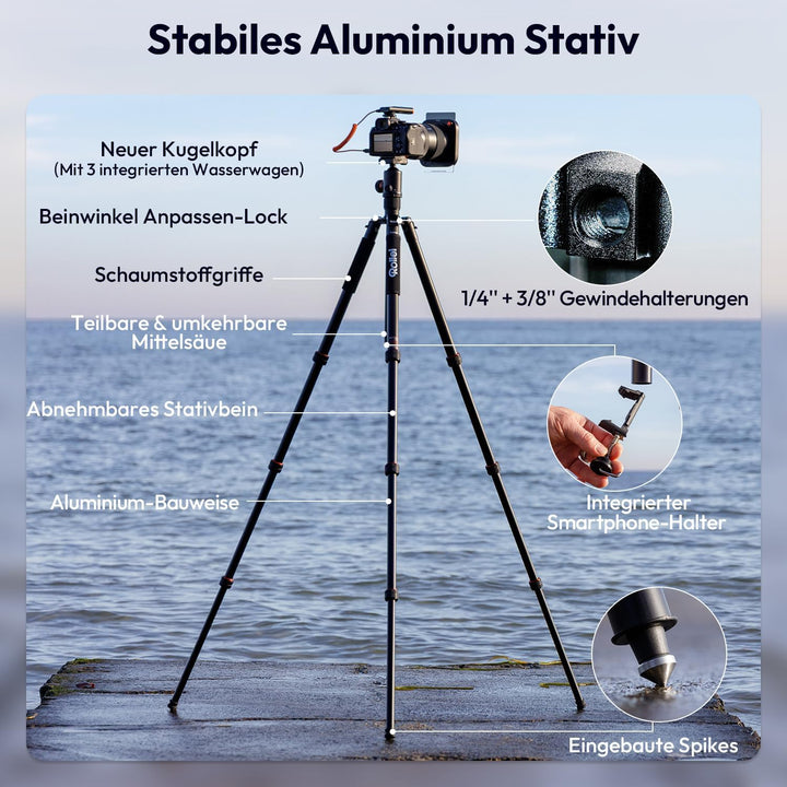 Rollei C6i - Kamerastativ mit Stativkopf und Tasche - Aluminium - Arca Swiss kompatibel, Black Schwa