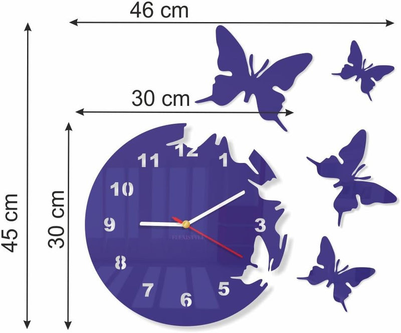 Grosse moderne Wanduhr Schmetterling Lila (Heidelbeere) rund 30cm, 3d DIY, Wohnzimmer, Schlafzimmer,