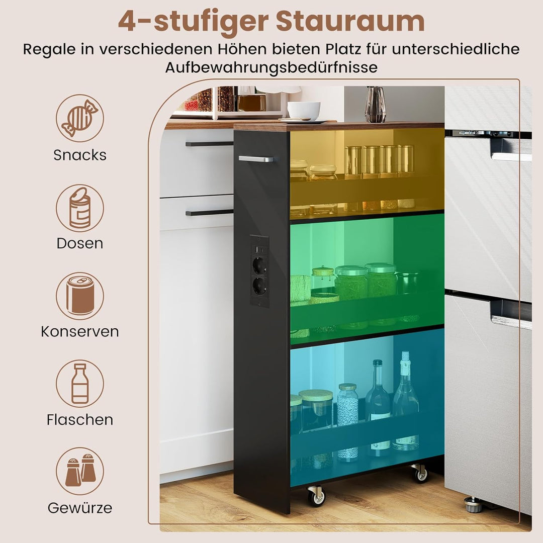 COSTWAY Nischenwagen 20cm breit, 4 Etagen Küchenwagen schmal mit Ladestation, Nischenregal auf Rolle