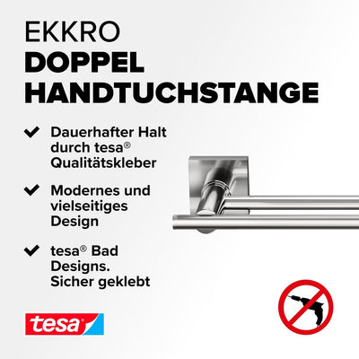 tesa EKKRO Doppel-Handtuchstange, verchromt - Badetuchhalter mit 2 Stangen - zur Wandbefestigung ohn