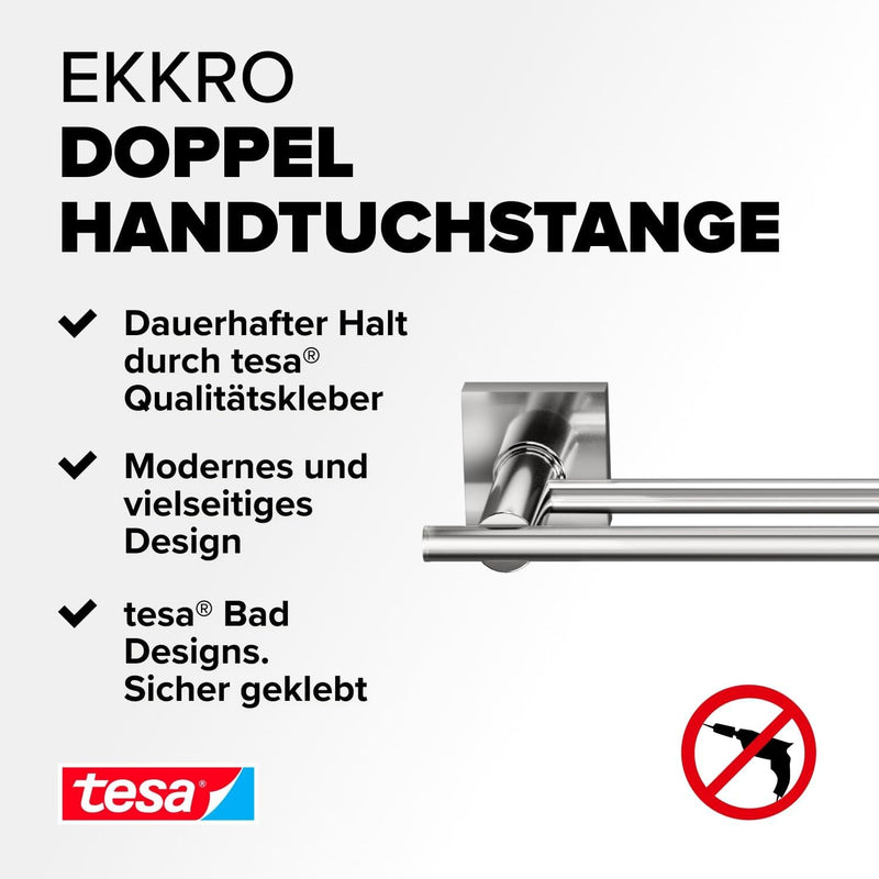 tesa EKKRO Doppel-Handtuchstange, verchromt - Badetuchhalter mit 2 Stangen - zur Wandbefestigung ohn