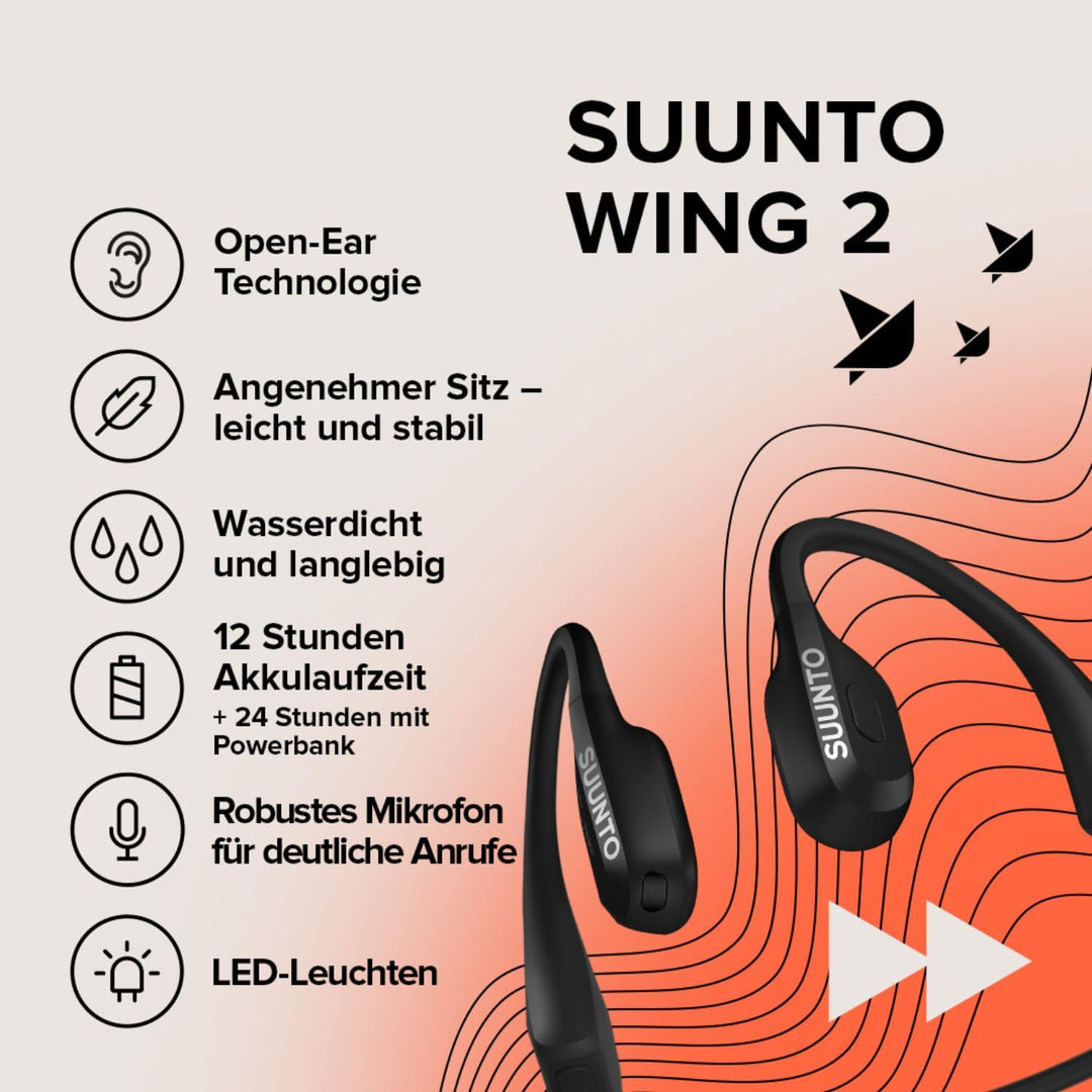 SUUNTO Wing 2 Knochenschall Kopfhörer, Open-Ear Sport Ohrhörer, IP66 Wasserdicht, Bis zu 36 Std Akku