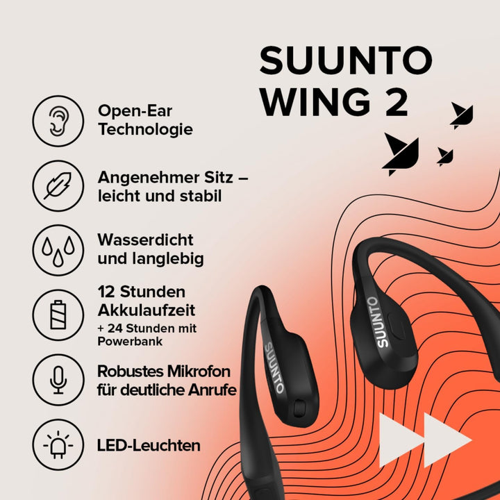 SUUNTO Wing 2 Knochenschall Kopfhörer, Open-Ear Sport Ohrhörer, IP66 Wasserdicht, Bis zu 36 Std Akku