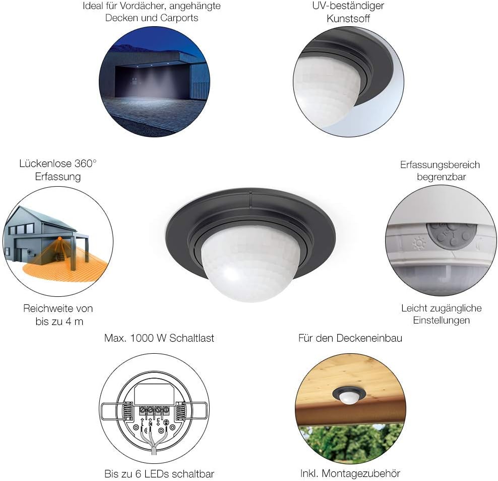 Steinel Einbau-Bewegungsmelder IS 360-1 schwarz, 1000 W Schaltleistung, 360° Sensor, max. 4 m Reichw