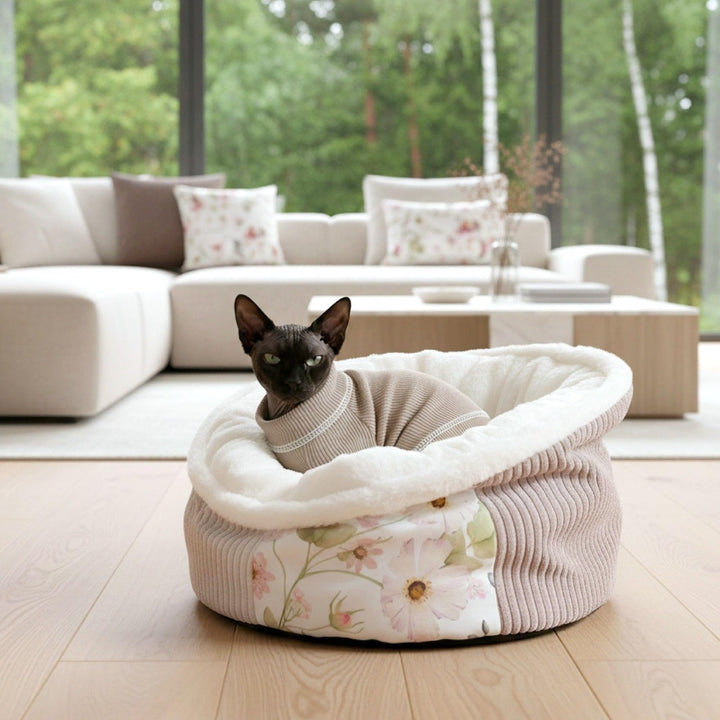PRASKA Patchwork Katzenbett Hundebett 50 cm – Weiches Plüschbett mit Premium-Fell | Flauschiges Haus