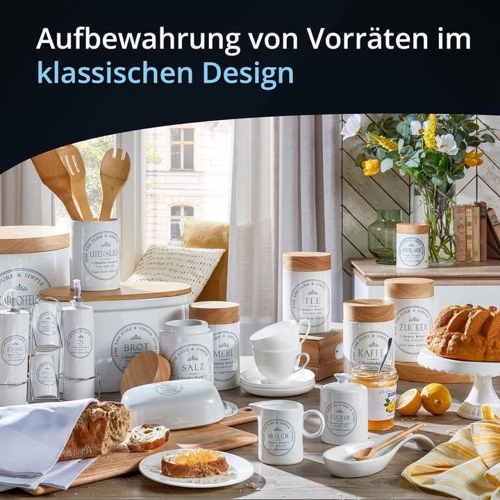 KHG Salzdose Keramik Steingut Weiss Holzdeckel Bambus, Salz Aufbewahrung luftdicht für ca. 1 kg fein