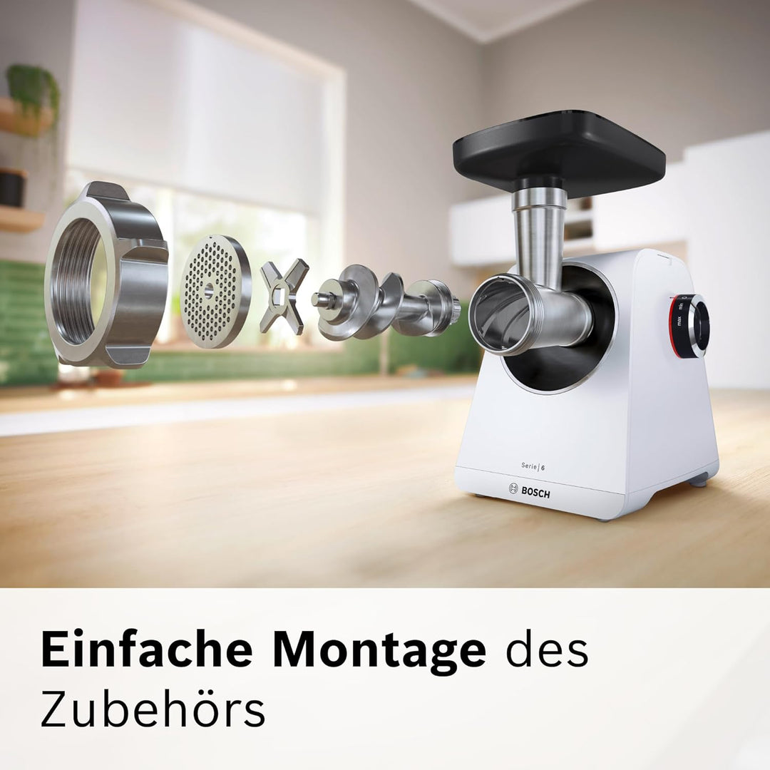 Bosch MultiPower Serie 6 Fleischwolf MFWS607W, 2 Lochscheiben (4,5 und 8 mm), Edelstahl, spülmaschin