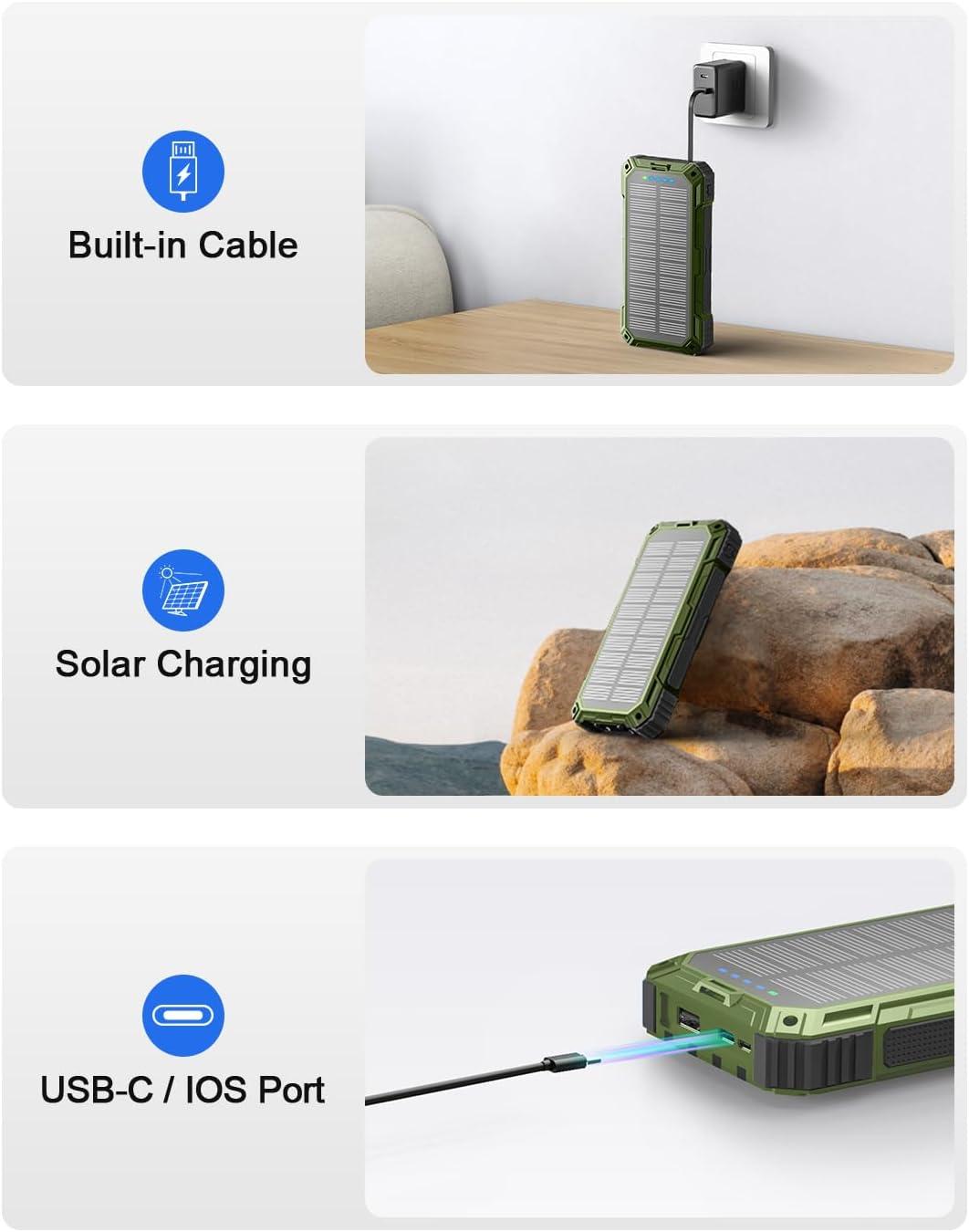 Solar Powerbank, 26800 mAh Tragbares Ladegerät mit 4 Integrierten Kabeln, Solar-Akkuladegerät mit US