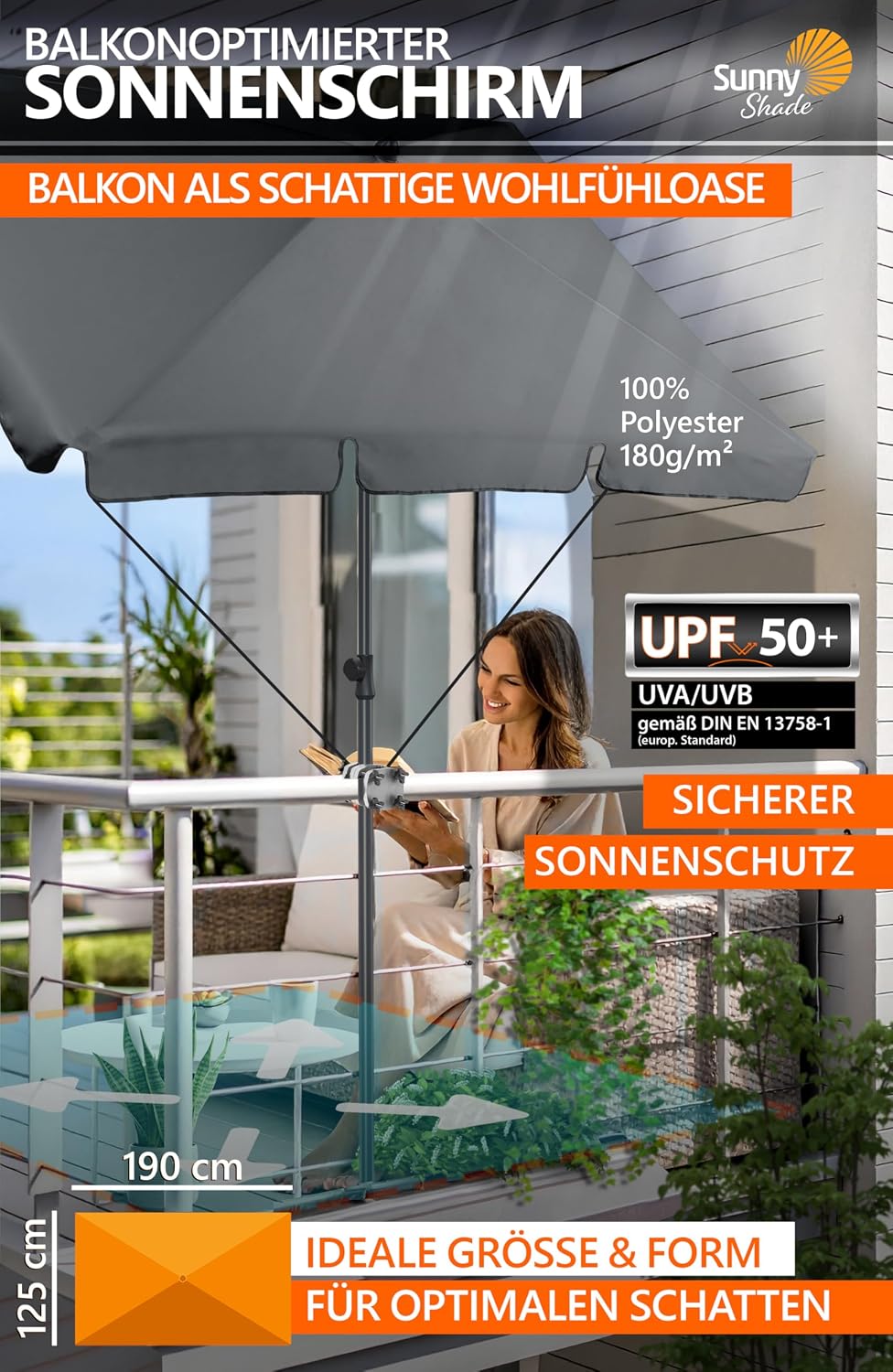 4smile Sonnenschirm Balkon SunnyShade, Anthrazit - 4-in-1 SET Sonnenschutz Balkon - UPF 50+ Sonnensc