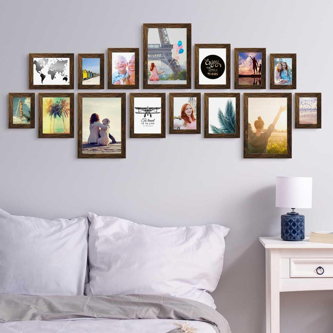 PHOTOLINI dunkle Eiche Bilderrahmen Set Holz MDF, Fotorahmen Set, 15er Bilderrahmenset Wand Collage,