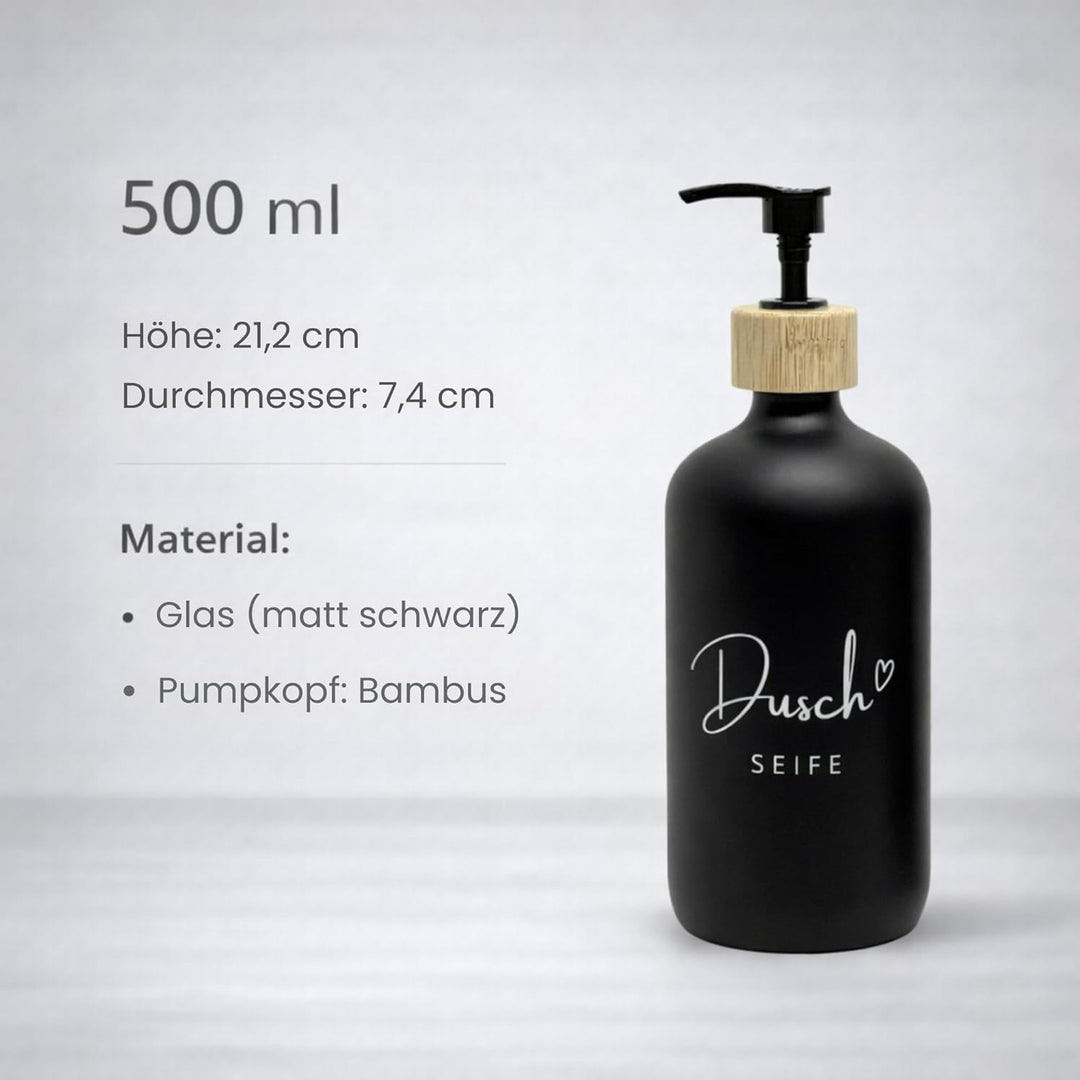 BoBoU Seifenspender Glas 2er Set Schwarz 500 ml Duschseife & Haarshampoo mit Deutscher Handschrift-B