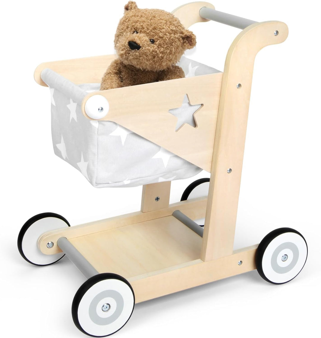 Asweets 2-in-1 Lauflernwagen Holz, Puppenwagen zum Schieben und Ziehen, Baby Walker, Kleinkindspielz