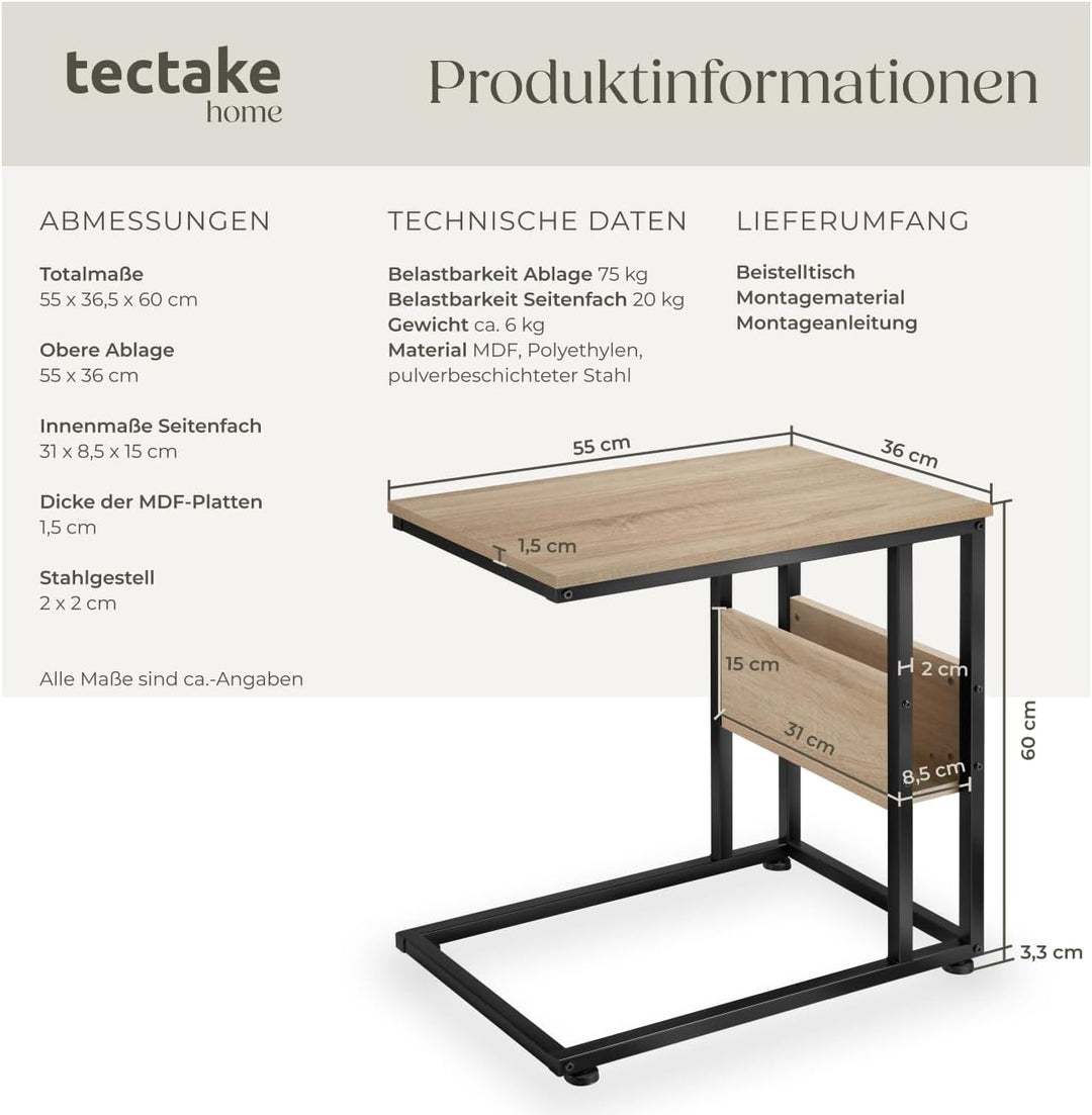 tectake® Beistelltisch Holz Metall, Wohnzimmertisch, Couchtisch C-Form, Laptoptisch für Couch, Bettt