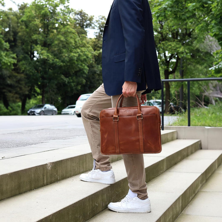 SID & VAIN grosse Laptoptasche schmal echt Leder - 15 Zoll Laptop Business-Tasche Brady gross - Umhä