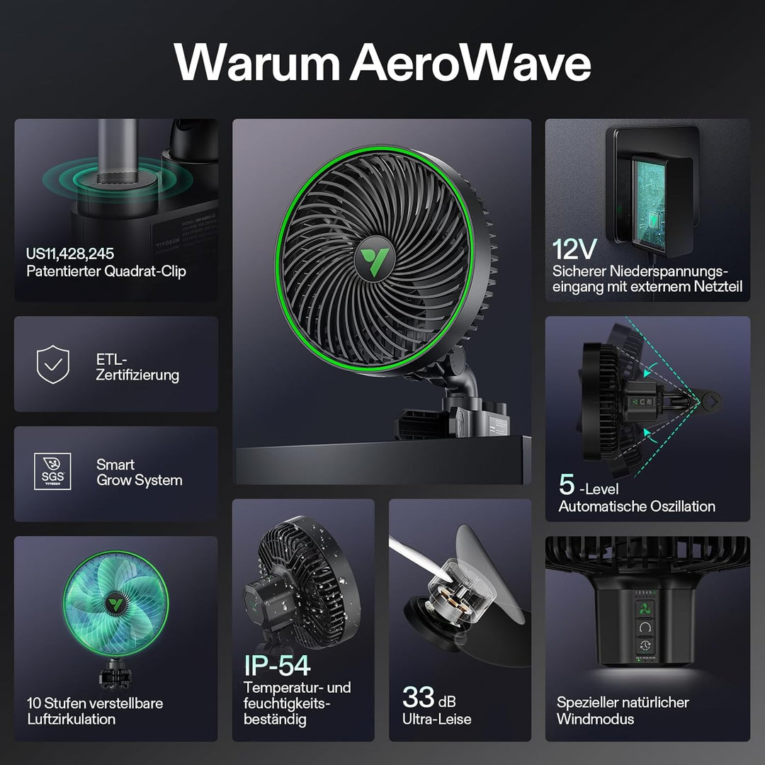 VIVOSUN AeroWave E6 Gen2 Growzelt-Clip-Ventilator150 mm, EC-Motor Smarte WLAN-Steuerung,10-stufiger