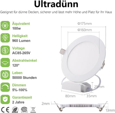 Greenclick LED Einbauleuchten Dimmbar 230V, 5 x 12W 960LM Einbaustrahler Flach 13mm Einbauspots IP44