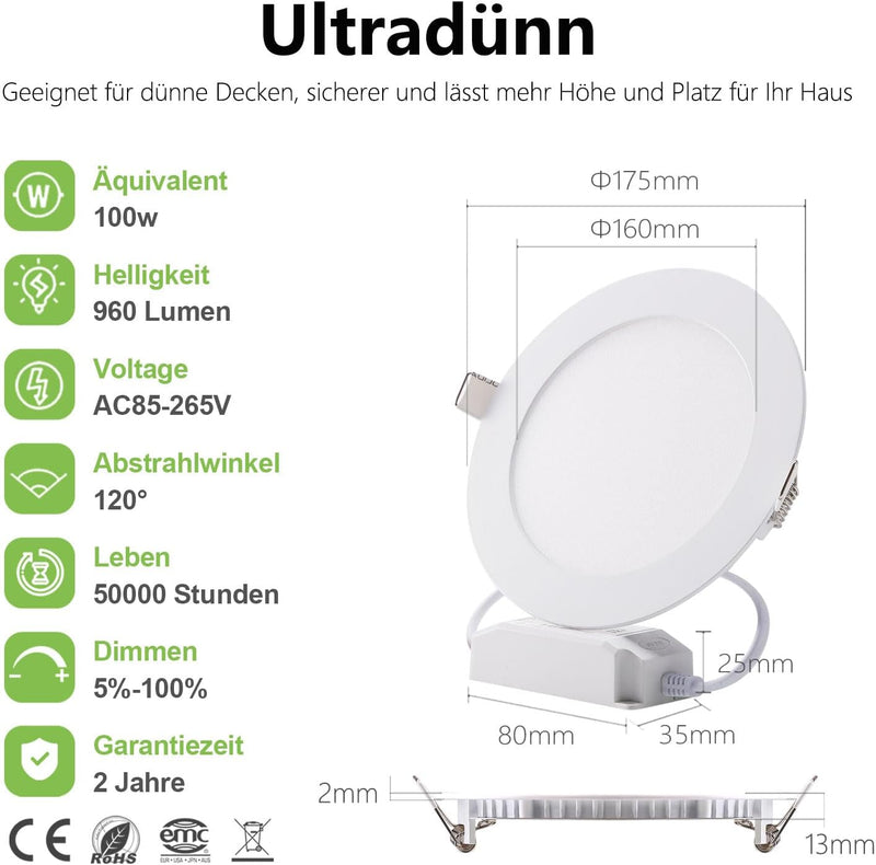 Greenclick LED Einbauleuchten Dimmbar 230V, 5 x 12W 960LM Einbaustrahler Flach 13mm Einbauspots IP44