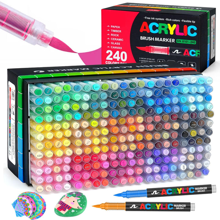 Efimeso 240 Farben Acrylstifte für Steine Wasserfest,Pinselmalstifte auf Wasserbasis Acrylic Paint M