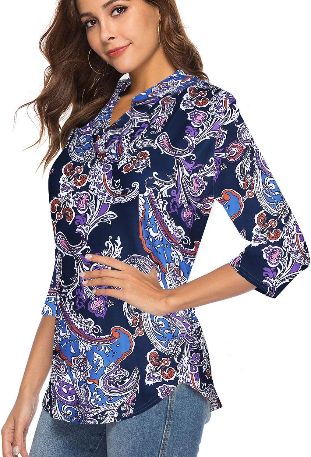 CEASIKERY Damen Shirt Tunic Shirt Tunic L Violett (Blumenmuster), L Violett (Blumenmuster)