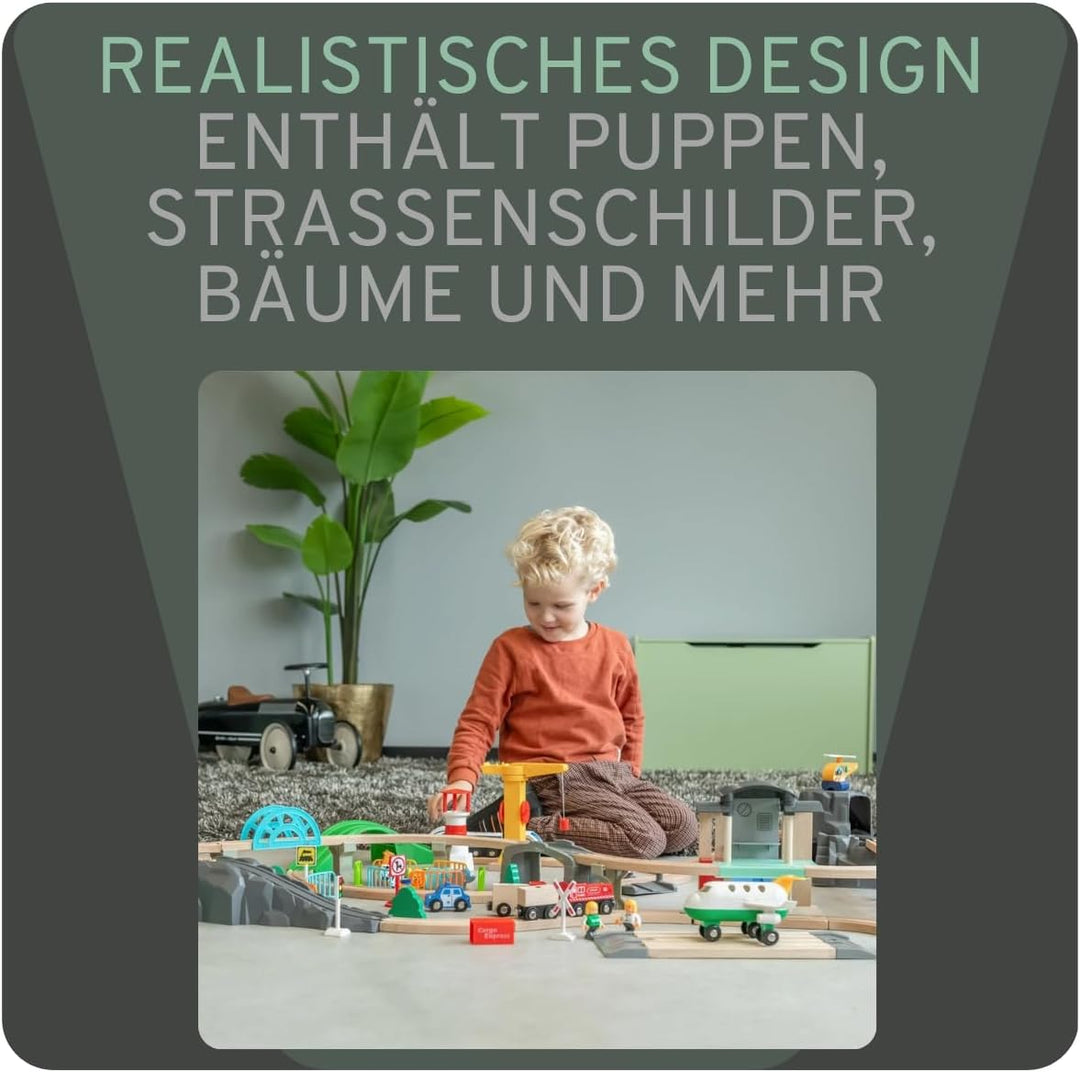 Bandits & Angels Holzeisenbahn-Set Transportthema 100 Teile ab 3 Jahren für Jungen und Mädchen – Hol