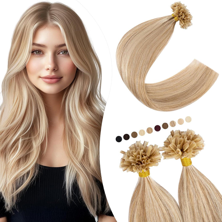 Elailite Extensions Bondings Echthaar 200 Strähne 60cm #12P613 Weissbraun/Hellblond, U Tip Hair Exte