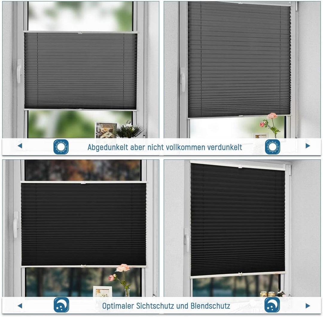 Allesin Plissee ohne Bohren Plissees Klemmfix Schwarz 35x80cm(BxH), Plisseerollo Faltrollo mit Klemm