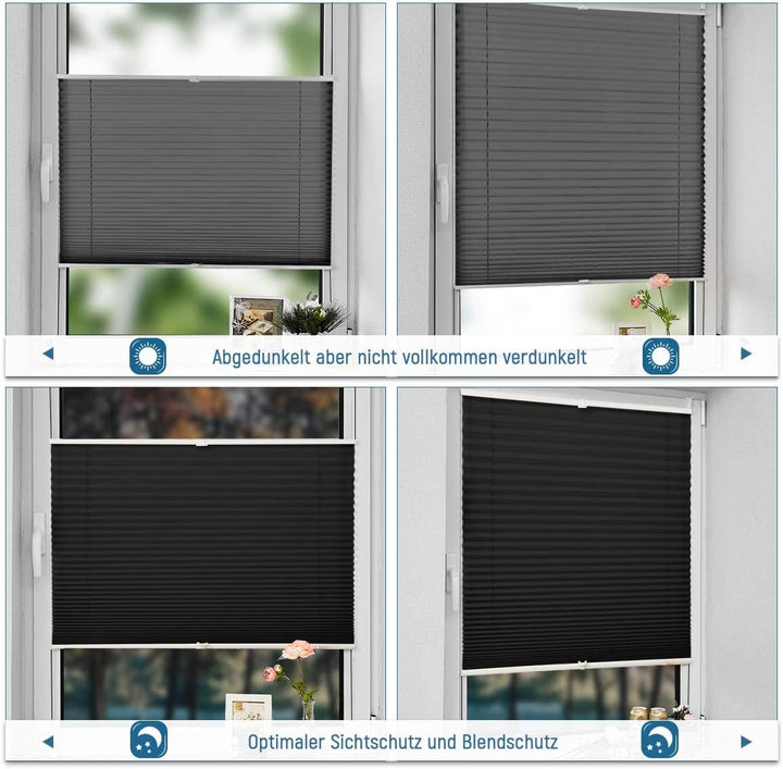 Allesin Plissee ohne Bohren Plissees Klemmfix Schwarz 35x80cm(BxH), Plisseerollo Faltrollo mit Klemm