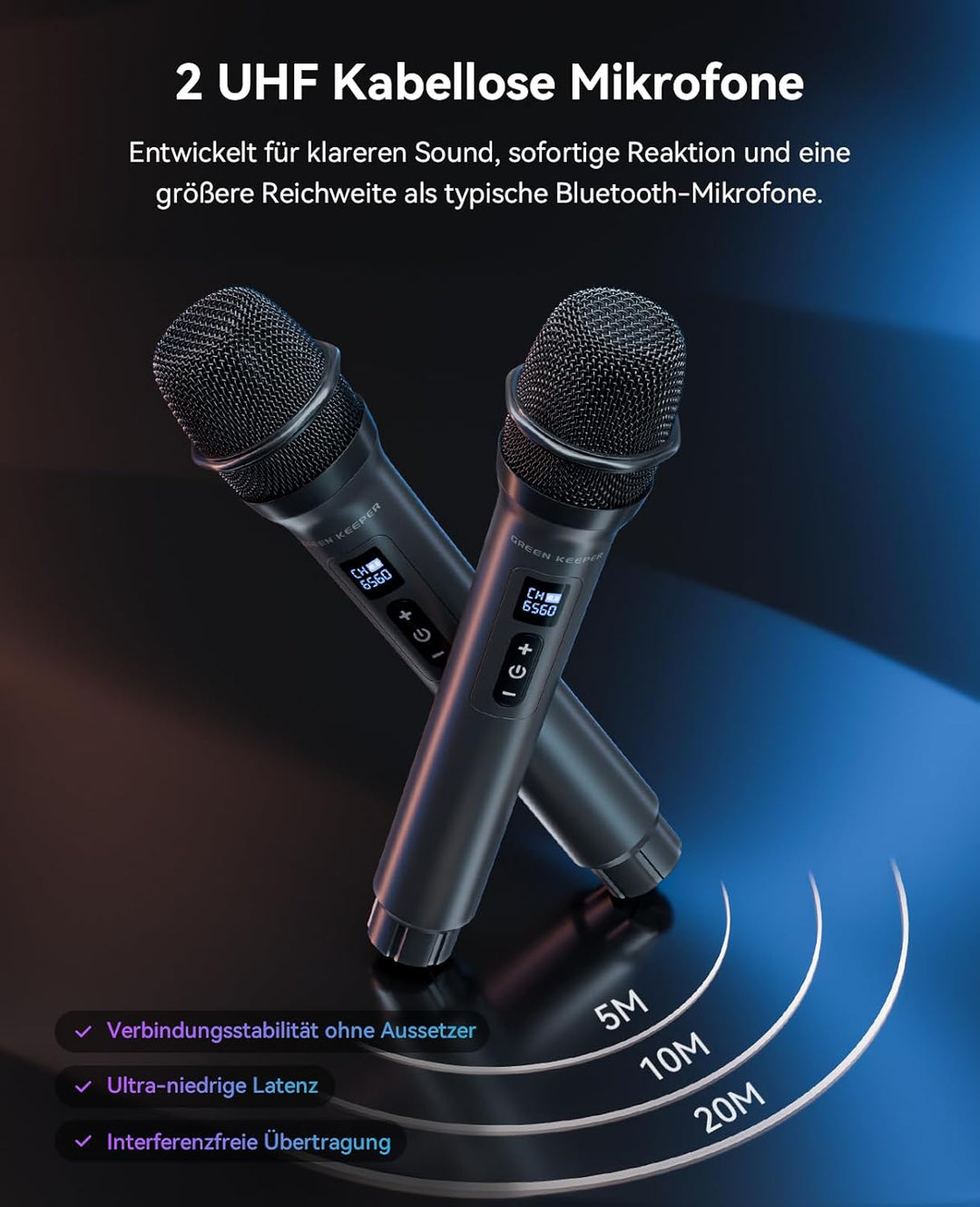GKD80 Karaoke Maschine Für Erwachsene Mit 2 Kabellosen UHF Mikrofonen, 600W Peak Bluetooth Lautsprec