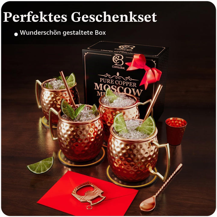 Copper-Bar Moscow Mule Kupferbecher | 4er-Set gehämmerter Becher | 100% HANDGEFERTIGT aus reinem Kup