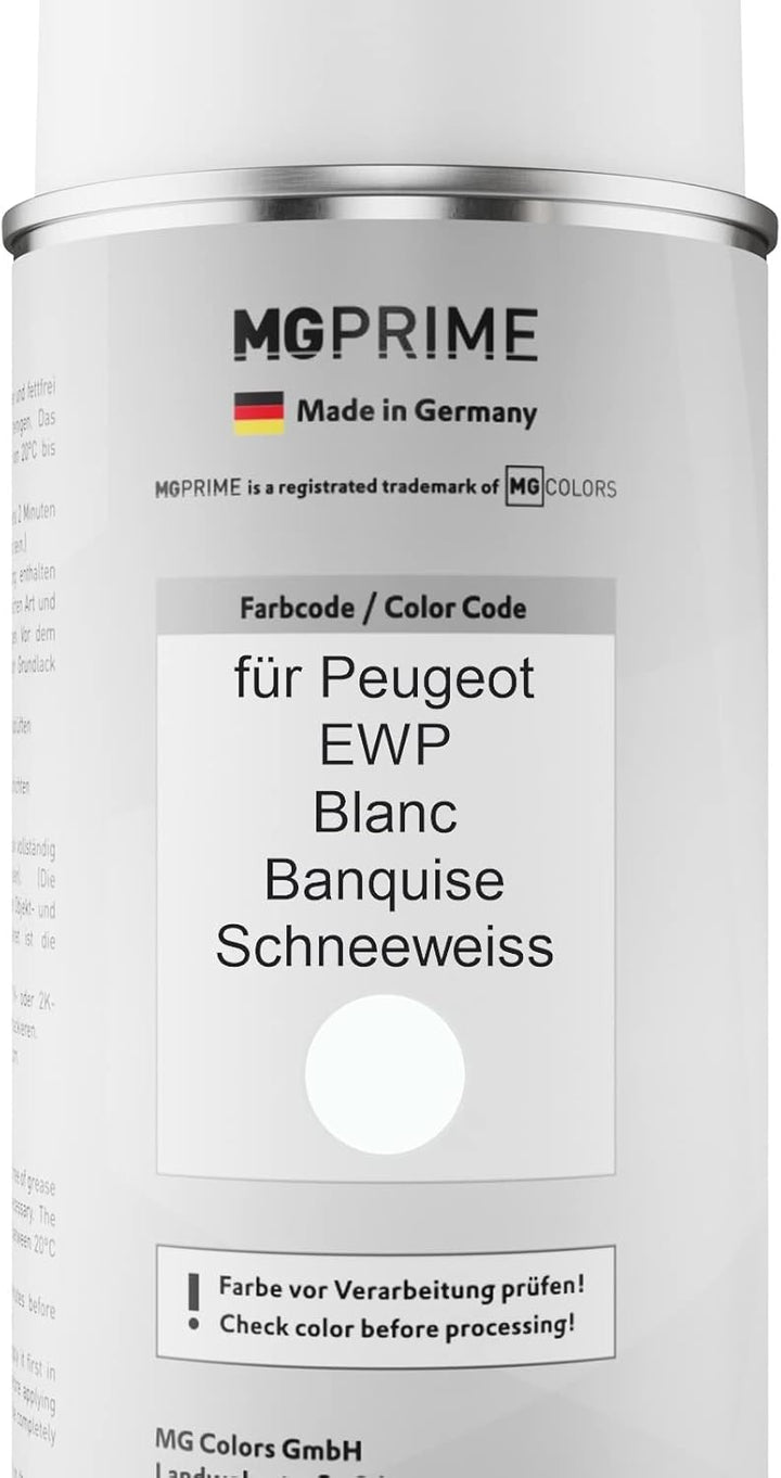 MG PRIME Autolack 2K Spraydosen Set für Peugeot EWP Blanc Banquise/Schneeweiss Basislack 2 Komponent