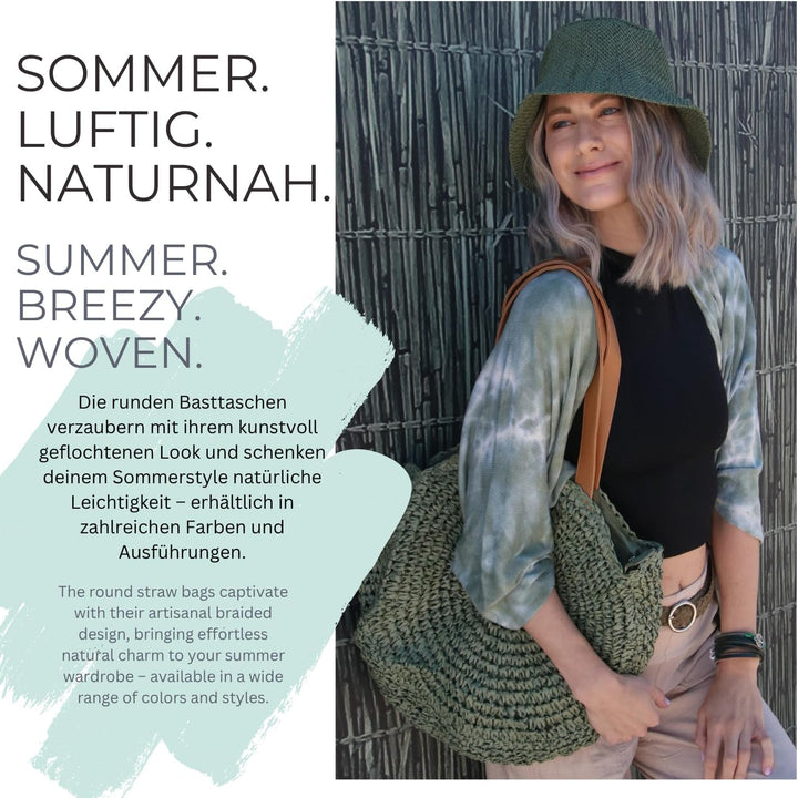 styleBREAKER runde Korbflecht Schultertasche, Strandtasche mit langen Henkeln, Flechttasche, Tasche