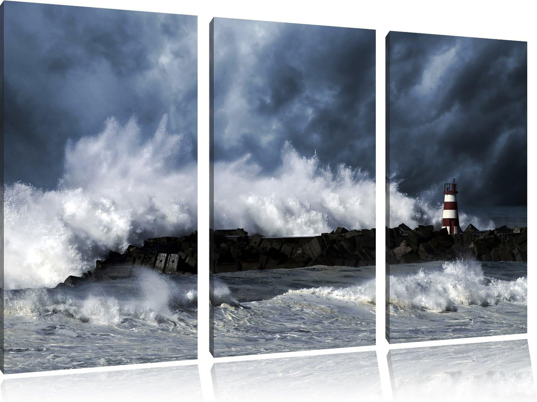 Pixxprint Tobendes Meer mit Leuchtturm als Leinwandbild/Grösse: 3 Teilig (120x80) cm/Wandbild/Kunstd