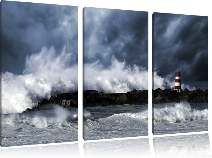 Pixxprint Tobendes Meer mit Leuchtturm als Leinwandbild/Grösse: 3 Teilig (120x80) cm/Wandbild/Kunstd