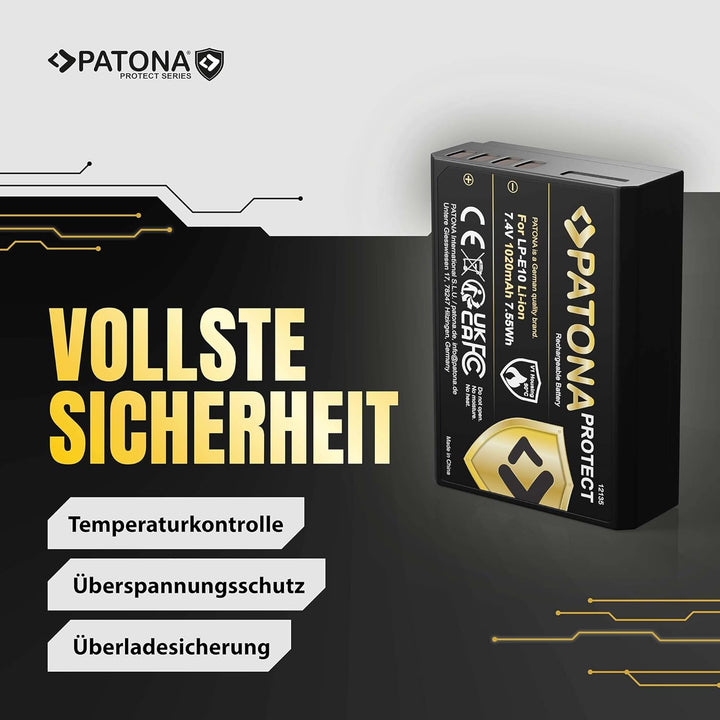 PATONA Protect V1 (2X) Ersatz für Akku Canon LP-E10 (echte 1020mAh) mit NTC-Sensor und V1 Gehäuse ko