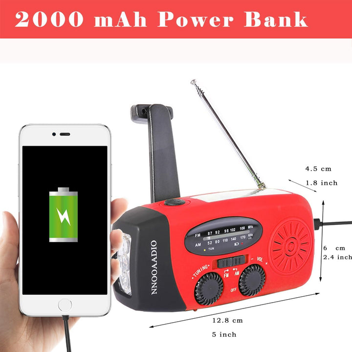 Notfall Solarradio, Kurbelradio wiederaufladbar 2000mAh Power Bank AM/FM Wetterradio mit SOS-Alarm,