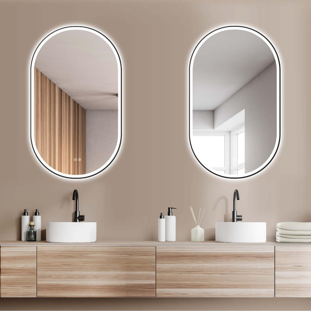 HOKO® LED Antibeschlag Badspiegel oval 45 x 75 cm. HOCH + QUER Montage. Design Badspiegel mit Licht