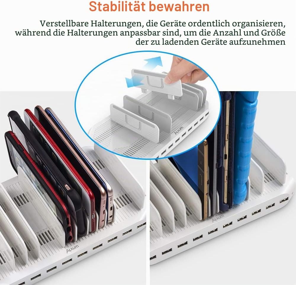 Alxum USB Ladestation für Multi-Geräte 96W, 10 Port Ladestation Mehrere Geräte Schnellladestation Or