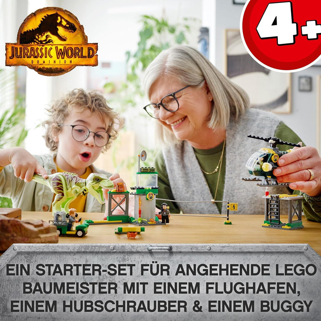 LEGO 76944 Jurassic World T. Rex Ausbruch, Dinosaurier Spielzeug ab 4 Jahre, Set mit Figur, Hubschra