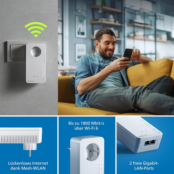 devolo 8815 Magic 2 WiFi 6 Erweiterungsadapter, WLAN Powerline Adapter -bis zu 2.400 Mbit/s, Mesh WL