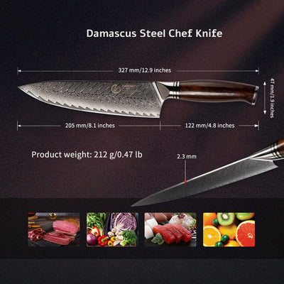 YARENH Damastmesser Profi Kochmesser 20.5 cm, Scharf Kochen Messer, 73 Schichten Damaststahl Küchenm
