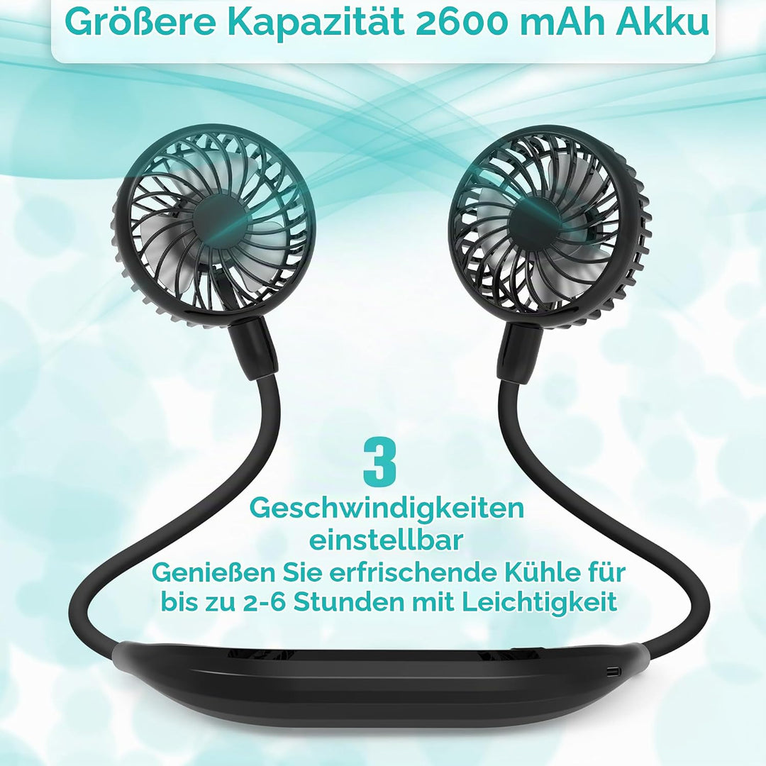 Tragbarer Halsventilator, 2600mAh batteriebetriebener, ultra leiser Freihand-USB-Lüfter mit starkem