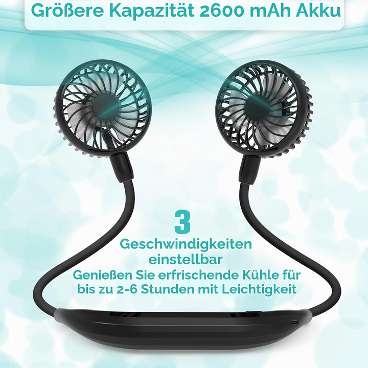Tragbarer Halsventilator, 2600mAh batteriebetriebener, ultra leiser Freihand-USB-Lüfter mit starkem