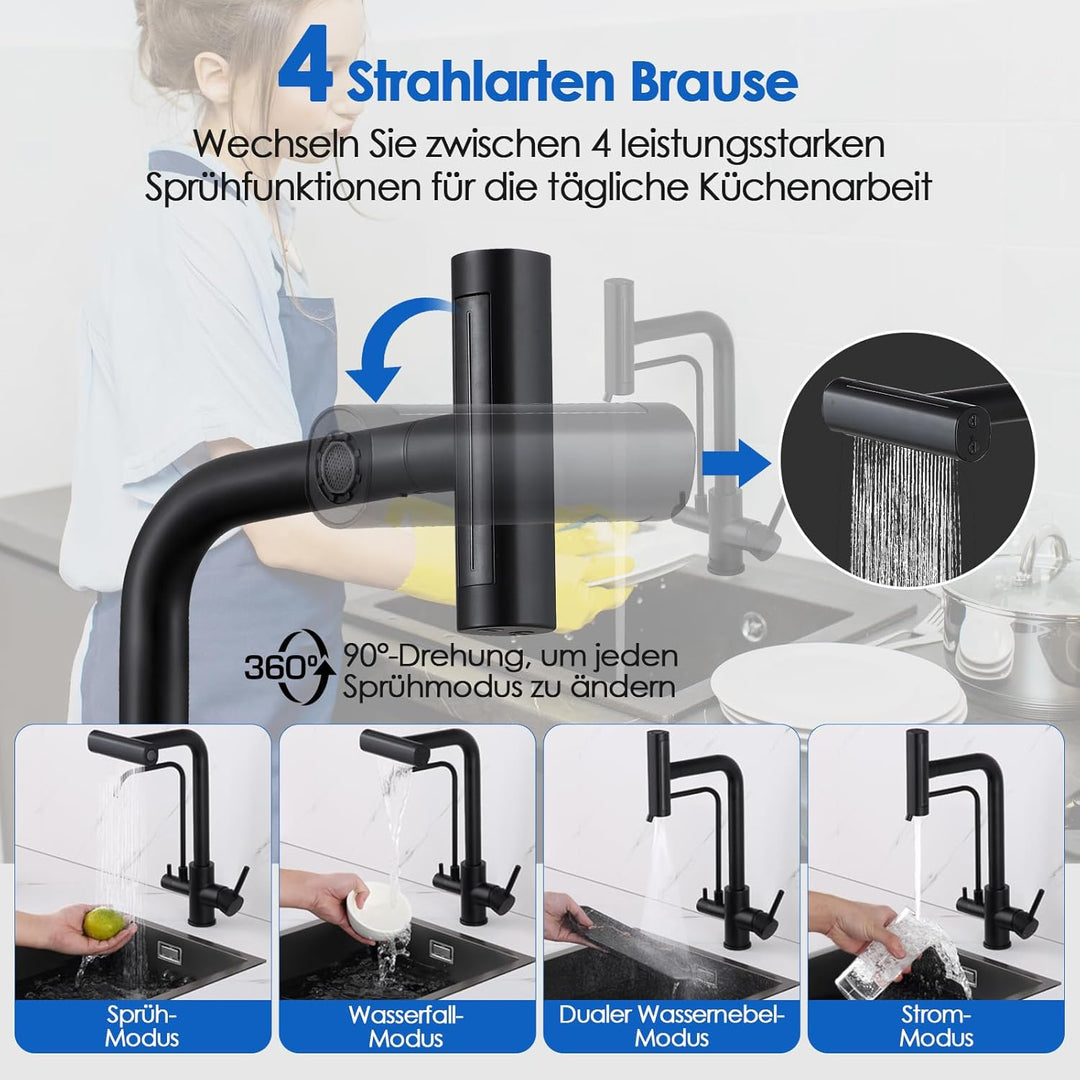 ROVOGO Edelstahl Wasserhahn Küche 3 Wege mit 4 Strahlarten Brause Ausziehbar, Hochdruck Küchenarmatu