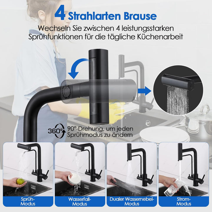 ROVOGO Edelstahl Wasserhahn Küche 3 Wege mit 4 Strahlarten Brause Ausziehbar, Hochdruck Küchenarmatu