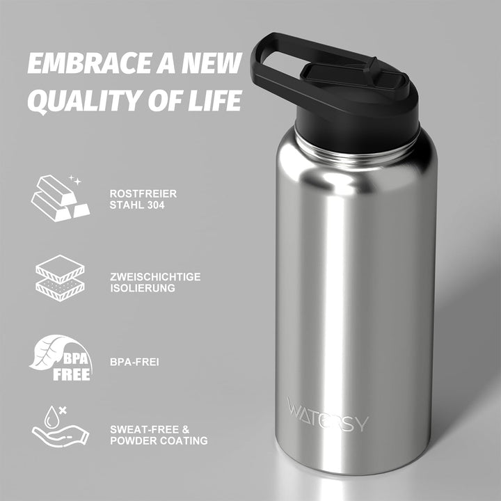 WATERSY Isolierte Edelstahl Trinkflasche 32oz Vakuumisolierte Thermosflasche mit 2 Deckel Auslaufsic