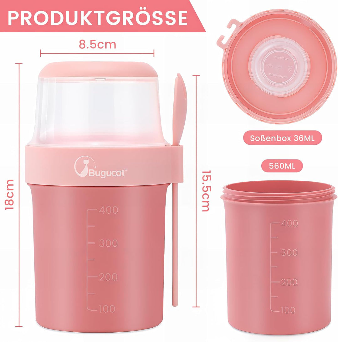 Bugucat 2in1 Müslibecher to Go 560ml+310ml, Praktischer Joghurtbecher & Müslibecher für Picknick 2er