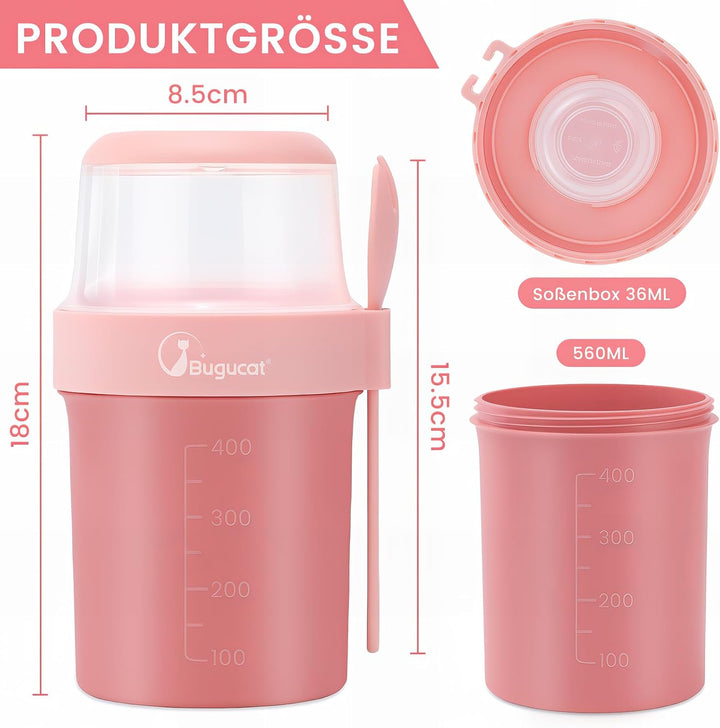 Bugucat 2in1 Müslibecher to Go 560ml+310ml, Praktischer Joghurtbecher & Müslibecher für Picknick 2er