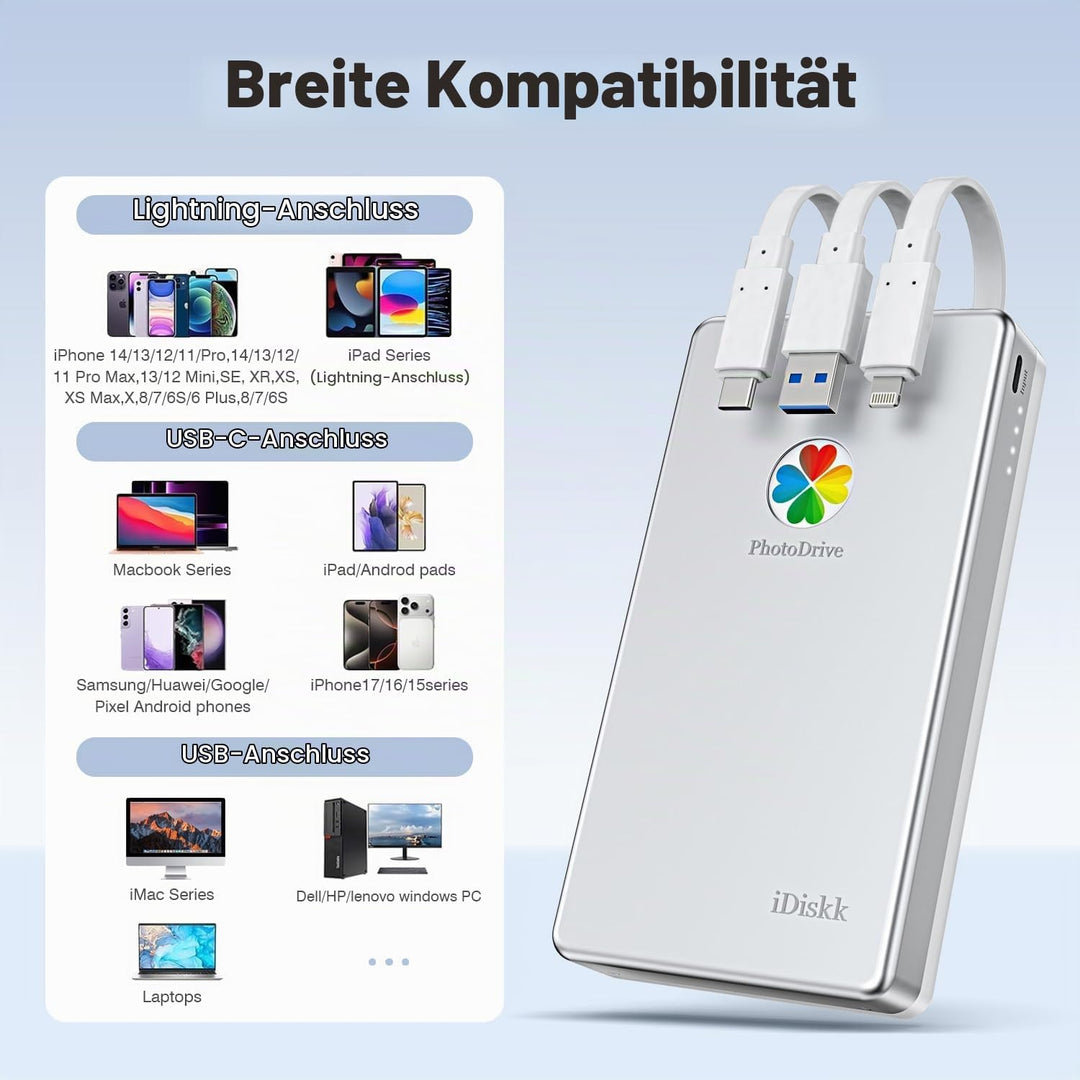 iDiskk 500 GB MFi-zertifizierte tragbare 3-in-1-Festplatte, mit 3 integrierten Kabeln, zur Datensich